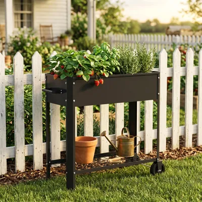 Produktbild von CEEDIR Hochbeet Metall 80x35x80 cm Schwarz mit Rollen, Pflanzkasten aus verzinktem Stahl, für Kräuter und Gemüse, mit Ablageboden und Haken, wetterfest für Balkon, Terrasse und Garten