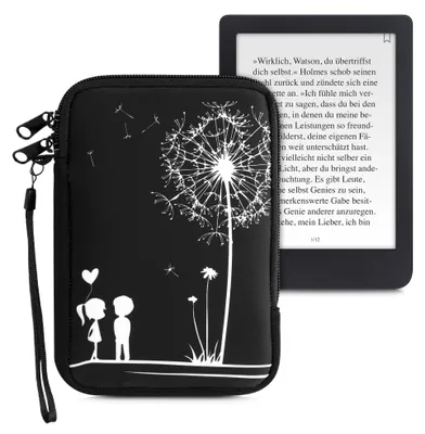 Produktbild von kwmobile Tasche für eReader - Neopren Hülle Schutzhülle Pusteblume Love Weiß Schwarz - 17 x 12 x 2 cm Innenmaße