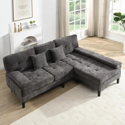 Produktbild von MODFU Chenille-L-Form-Ecksofa,Schlafsofa mit Schlaffunktion,Sitzgruppe,3-Sitzer-Sofa mit bewegliche Fußbank,Modulares Design,für kleine Wohnungen,Grau