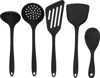 Produktbild von Krumble Kitchenware - 5er Set - Kochutensilien - Spatel - Backspatel - Sieb - Suppenkelle - Schöpflöffel - Silikon - Schwarz