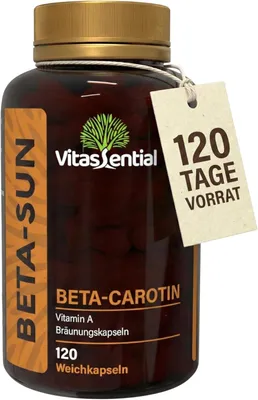 Immagine prodotto di Beta-carotene - capsule abbronzanti ad alto dosaggio – precursore della vitamina A per un’abbronzatura naturale e duratura, pelle