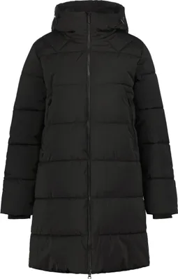 A black puffer jacket is shown front-on against a white background.