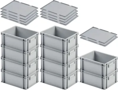 Produktbild von SuperSparSet 10x Eurobehälter mit geschlossenem Griff & Auflagedeckel | HxBxT 17,5x30x40cm | 16 Liter | Grau | Eurobox, Transportbox, Transportbehälter, Stapelbehälter