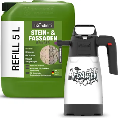 Produktbild von bio-chem | Stein- und Fassadenreiniger 10-Fach Konzentrat extra-stark | Außenflächenreiniger, Grünbelagentferner, Steinreiniger, Außenanlagenreiniger | 5 Liter + Schaumsprüher