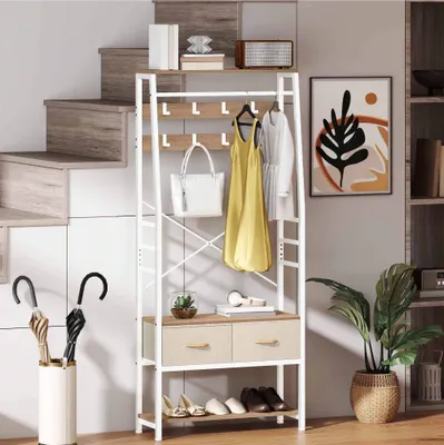 Produktbild von YITAHOME Garderobenregal mit Schuhschrank, Freistehender Dielenbaum mit Bank, 2 klappbaren Schubladen und 8 Haken, Braun