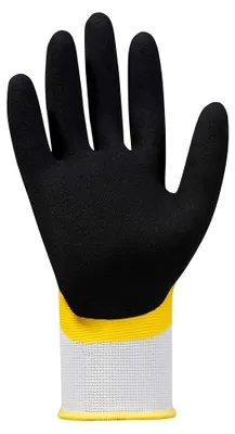 Produktbild von Polyester-Strickhandschuhe mit Latexbeschichtung in Weiß/Gelb/Schwarz, Größe 11