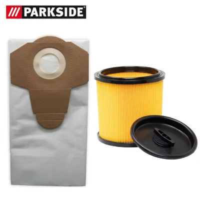 A vacuum cleaner dust bag and a filter are shown against a white background.