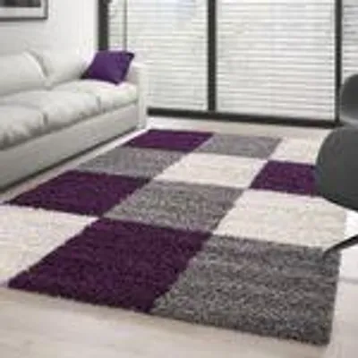 Produktbild von Teppich Wohnzimmer Hochflor Kariert Design Langflor Shaggy Modern Flauschig, Größe: 200 x 290 cm, Farbe: Violett