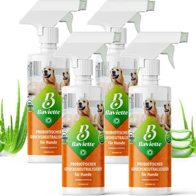 Produktbild von Baviette Geruchsentferner Hund 4x500 ml Spray – Geruchsneutralisierer mit Mikroorganismen für Hundebett, Möbel & Auto
