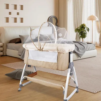 Produktbild von Babybett 6-stufig verstellbares Beistellbett mit Rollen & Moskitonetz 91x50x116cm cremefarben