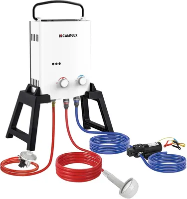 Imagen del producto de Calentador de gas con bomba de agua y soporte, caudal de 5 L/min, portátil, ideal para camping y duchas exteriores