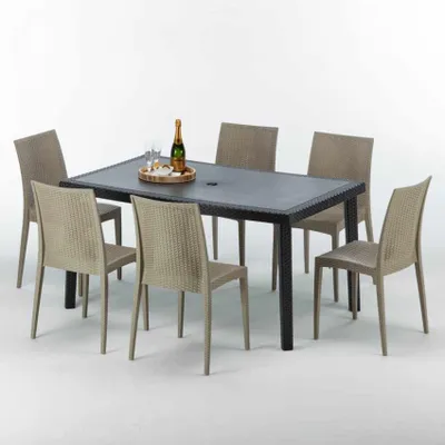 Produktbild von Poly Rattan Tisch Rechteckig mit 6 Bunten Polyrattan Stühlen 150x90 Schwarz