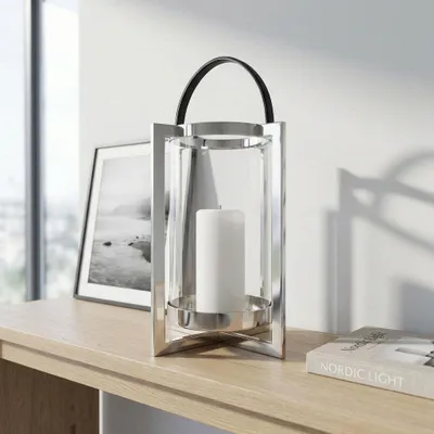 Produktbild von Premium Windlicht Metall und Glas mit Ledergriff, silbern glänzend, H.63 cm
