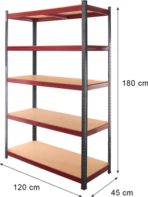 Zdjęcie produktu dla Regał magazynowy metalowy warsztatowy Mega-M Basic Plus 180x120x45 cm 5 półek grafitowy/czerwony 1375kg