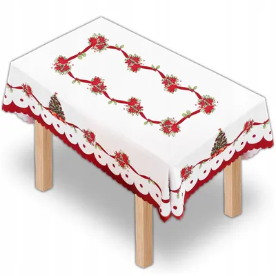 Immagine prodotto di Tovaglia natalizia KRUMAD 140x140 cm – Tovaglia bianca con dettagli rossi – Tovaglia natalizia lavabile in poliestere – Decorazione festiva