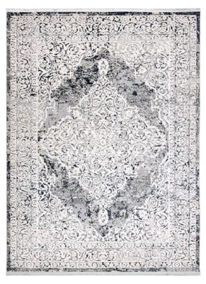 Produktbild von Modern Teppich REBEC Franse 51122A - zwei Ebenen aus Vlies creme / dunkelblau  Blau 80x150 cm