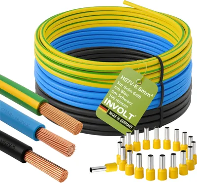 Produktbild von H07V-K Verdrahtungsleitung Set in Schwarz, Blau, Grün-Gelb Ausführung Länge: 3x 5m + 100x Aderendhülsen 6mm²