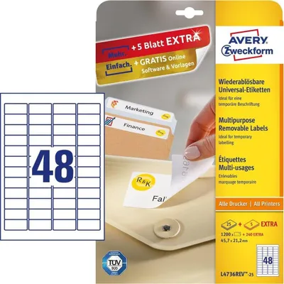Produktbild von Avery L4736REV-25, Weiß, Abgerundetes Rechteck, Entfernbar, DIN A4, Universal, Papier