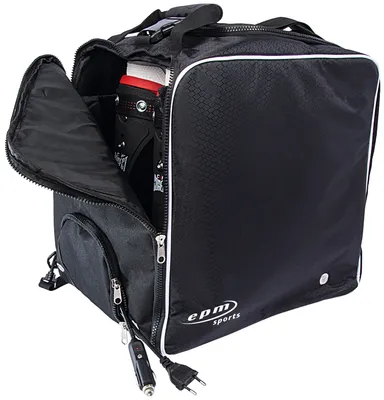 A black ski boot bag with a ski boot partially visible inside.