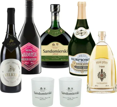 Produktbild von Set mit 3 Keramik Mets (Honigwein 2x Półtorak-Eineinhalber/ Dwójniak-Halber) mit 2 Bechern | 1500ml | 16% Alkohol Metwein | Polnische Produktion