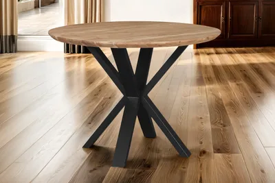 Produktbild von Runder Esszimmertisch Akazie naturfarben Schweizer Kante 105 cm Spider-Gestell schwarz KIMBERLY