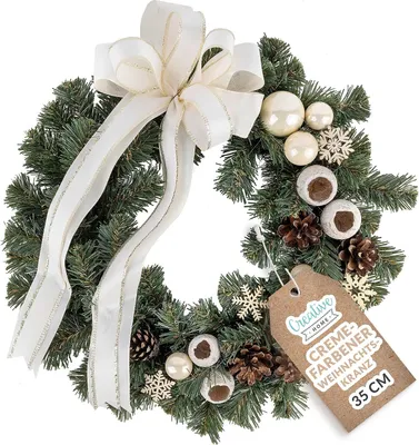 Obrázek produktu pro Creative Home Věnec na dveře béžový 35 cm jedlový věnec umělý vánoční adventní věnec vnitřní a venkovní vánoční věnec dekorace na dveře vánoční dekorace