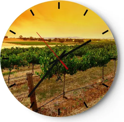 Produktbild von Wanduhr - Rund - Glasuhr - Landschaft Weinberg Sonnenuntergang - 40x40cm - Schleichendes Uhrwerk - Lautlos - zum Aufhängen bereit - Dekoration Modern - Wanddekoration aus Glas - C3AR40x40-0116