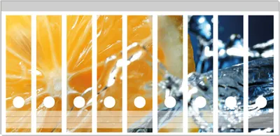Produktbild von Wallario Ordnerrücken Sticker, selbstklebend für breite Ordner, 9 Stück, Motiv Orange in spritzigem Wasser vor blauem Hintergrund