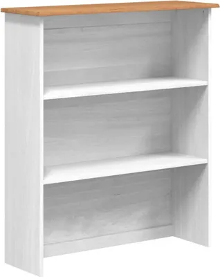 A white bookshelf with a wooden top.