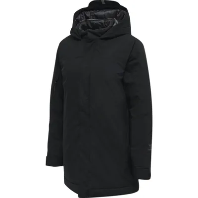 A black parka jacket for women is shown against a white background.