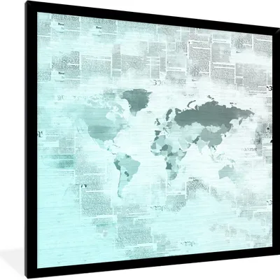Produktbild von MuchoWow® MuchoWow® Gerahmtes Poster Weltkarte - Blau - Weiß - Zeitungspapier 40x40 cm - Poster mit zchwarzem Bilderrahmen - Mit Rahmen - Wanddekoration Schlafzimmer