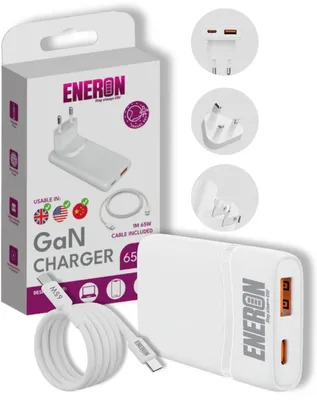 Produktbild von Superschnelles Ladegeräte ENERON GaN 65W USB-C USB-A Schnellladegerät Weiß