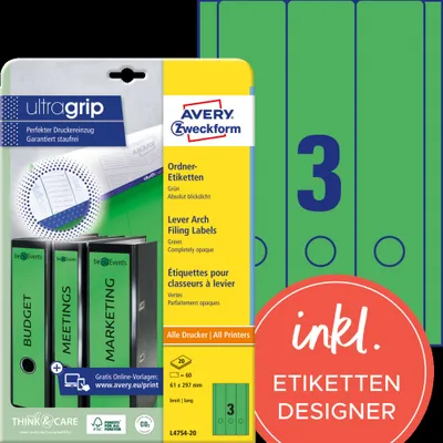 Produktbild von Avery Zweckform L4754-20 Ordner-Etiketten, A4 mit ultragrip, 61 x 297 mm, 20 Bogen/60 Etiketten, grün