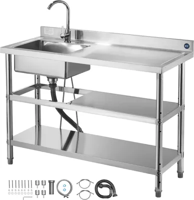 Obrázok produktu pre SucceBuy drezová skrinka z nehrdzavejúcej ocele (120 x 50 x 94 cm), jedna misa s batériou a dvoma policami, kuchynský drez do garáže, reštaurácie alebo na vonkajšie použitie, umývadlo s pracovnou doskou (vpravo)
