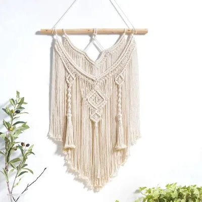 Produktbild von Makramee Wandbehang Wandteppich Wanddekoration Boho Chic Bohemian Woven House Dekoration - 100% * Beige * 88cm * 50cm * Holz, Baumwolle