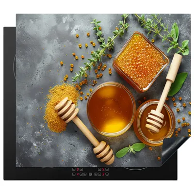 Obrázok produktu pre KitchenYeah® Kryt na varnú dosku med - bylinky - betón, 58x51cm, kuchynská dekorácia, keramický kryt varnej dosky, krycia doska na varnú dosku