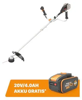 Produktbild von Akku-Rasentrimmer Worx 40V (2x20V) 38cm WG084E.9 + GRATIS Zugabeartikel Ersatzakku WA3644 4,0 Ah 20V