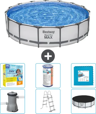 Produktbild von Bestway Round Steel Pro MAX Schwimmbad – 457 x 107 cm – Grau – inklusive Pumpe – Leiter – Abdeckung Wartungspaket - Filter - Bodenfliesen