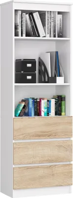 A tall, narrow white bookshelf with three drawers at the bottom. The bookshelf is filled with books and some office supplies.
