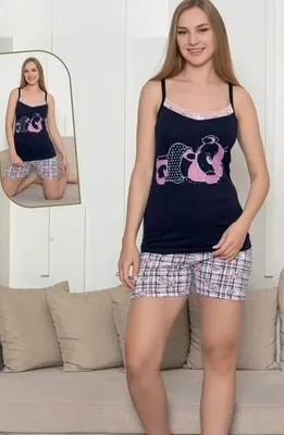 Produktbild von Damen Pyjama Schlafanzug Shorty Kurz Marineblau M 2-Teiler Set Baumwolle S-22