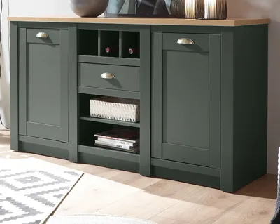 Produktbild von Sideboard "Norwich" grün Eiche Landhaus Kommode mit Weinregal 145 x 83 cm