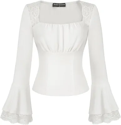 Productafbeelding van Witte Victoriaanse damesblouse met kant, vierkante hals, ruches en lange mouwen, slim fit