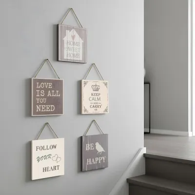 Produktbild von 5er Set Wandbilder 20x20cm Motivationsbilder Shabby Chic Vintage Home Deko Sprüche Wanddeko Kordel Glitzer