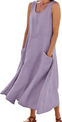 Produktbild von ASKSA Damen Sommer Baumwoll Tankkleid Einfarbig A-Linie Strandkleid Lose Kleider Sommerkleid mit Taschen, Violett, 4XL