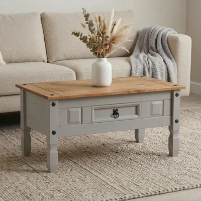 Produktbild von Couchtisch RAMON im Mexiko-Stil Wohnzimmertisch Beistelltisch Kiefer massiv, grau/braun lackiert mit 1 Schublade