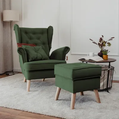 Productafbeelding van Sessel, fauteuil ALISON, inclusief hocker, bekleed met stof Trinity, donkergroen