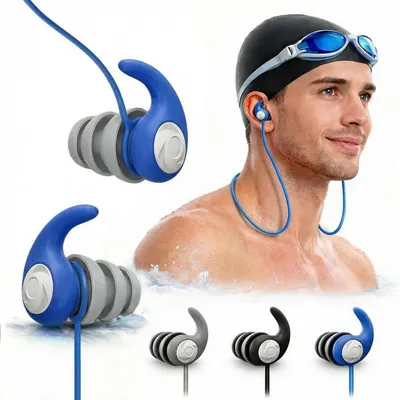Produktbild von Schwimm Ohrstöpsel mit Schnur 3 Paar Silikon wasserdicht wiederverwendbar Blau Grau Schwarz Erwachsene
