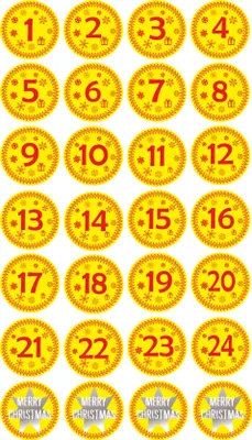 Produktbild von INDIGOS UG - Aufkleber rund 30x30mm  für Adventskalender 1 to 24 - gelb + Bonus Vintage Style - Labels - Stickers - Weihnachtskalender - Weihnachten - Advent - rund - zum Aufkleben