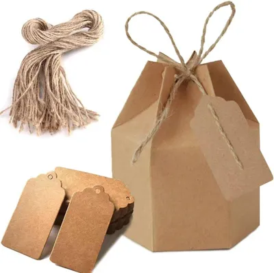 Obrázok produktu pre Darčekové krabičky 50 ks, kraft papier, 7 x 7 x 9 cm, s etiketami a jutovým povrázkom, na oslavy