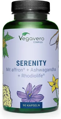 Produktbild von Vegavero Serenity | 90 Kapseln | mit Ashwagandha, Rhodiola, Johanniskraut, Safran & Hericium | vegan